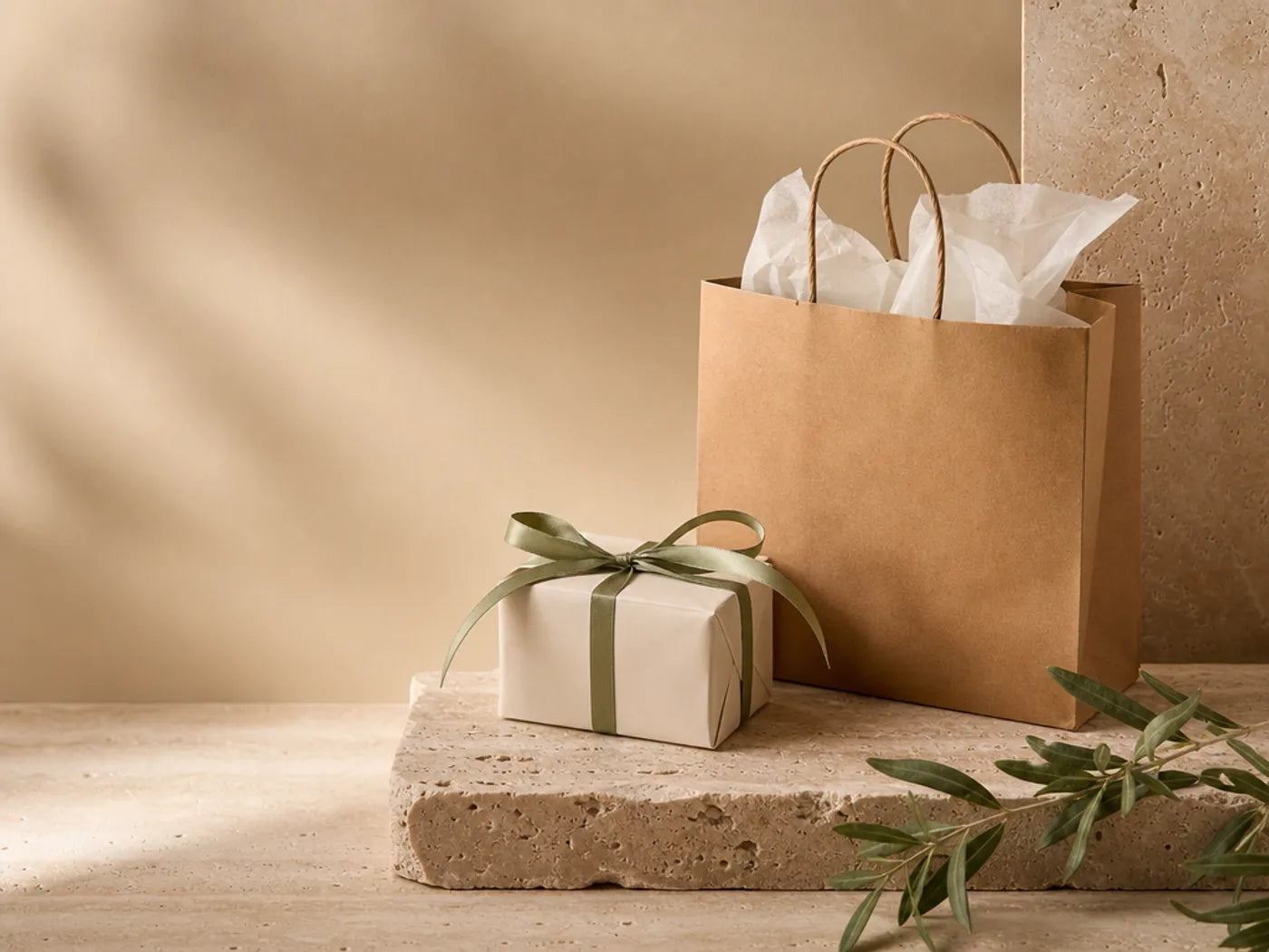 A kraft shopping bag and a small wrapped gift styled as a cart reward