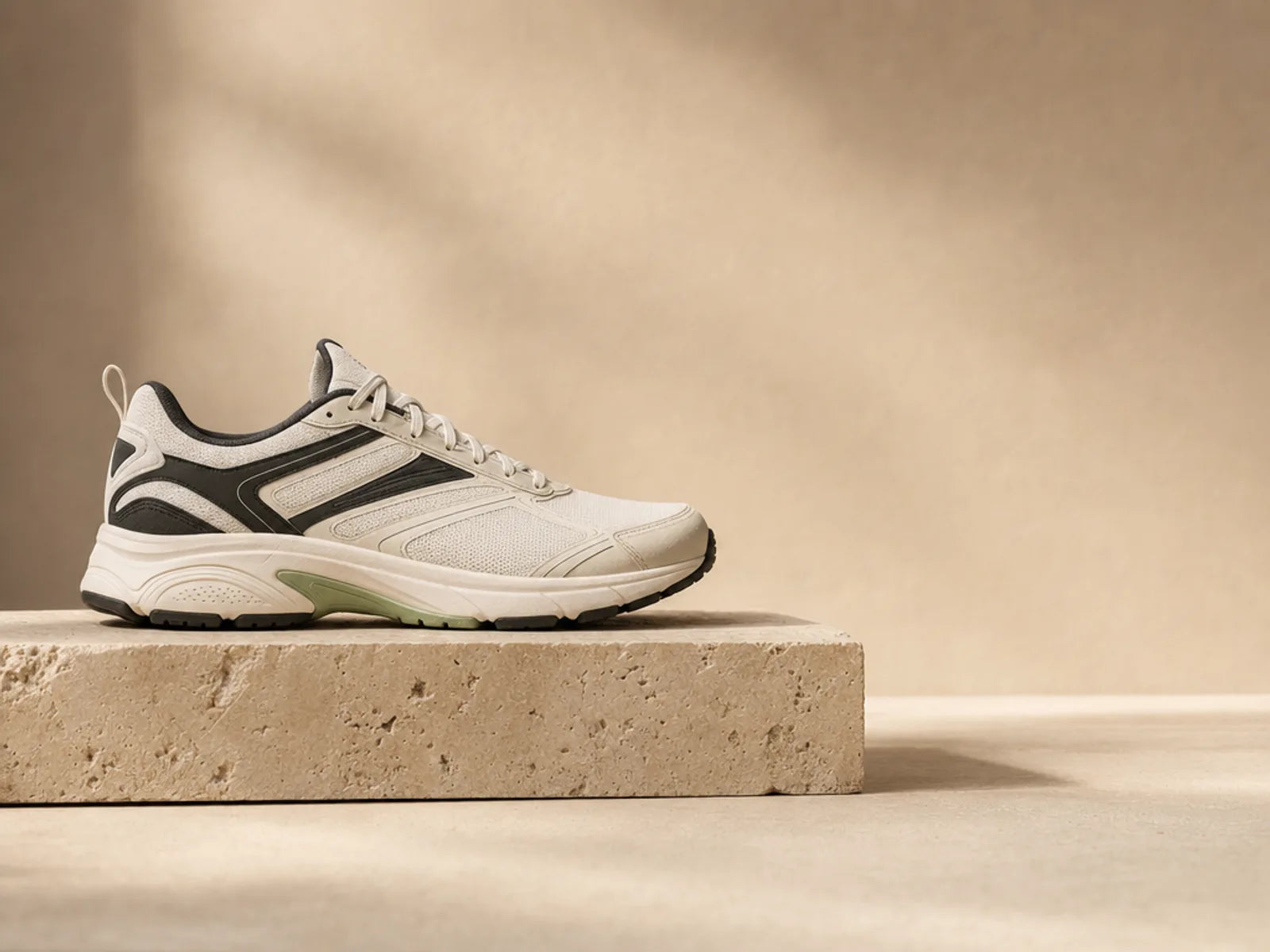 Ivory performance sneaker on a travertine pedestal in a warm sand studio