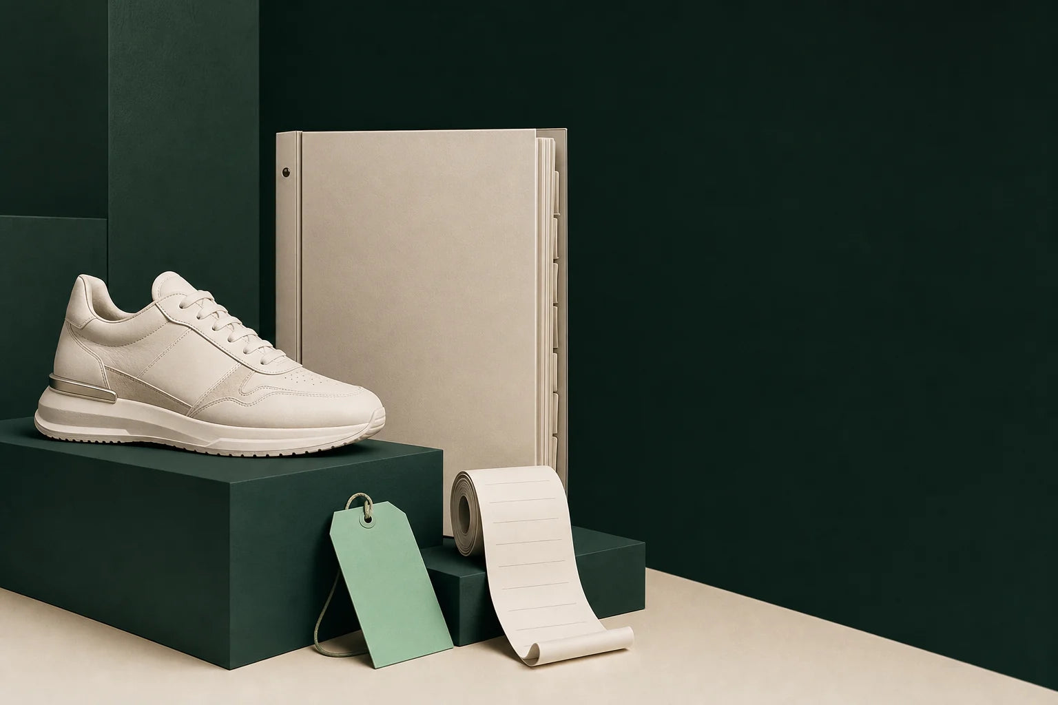 An ivory sneaker, clean catalog binder, blank checkout receipt, and mint price tag arranged in a dark green commerce studio.