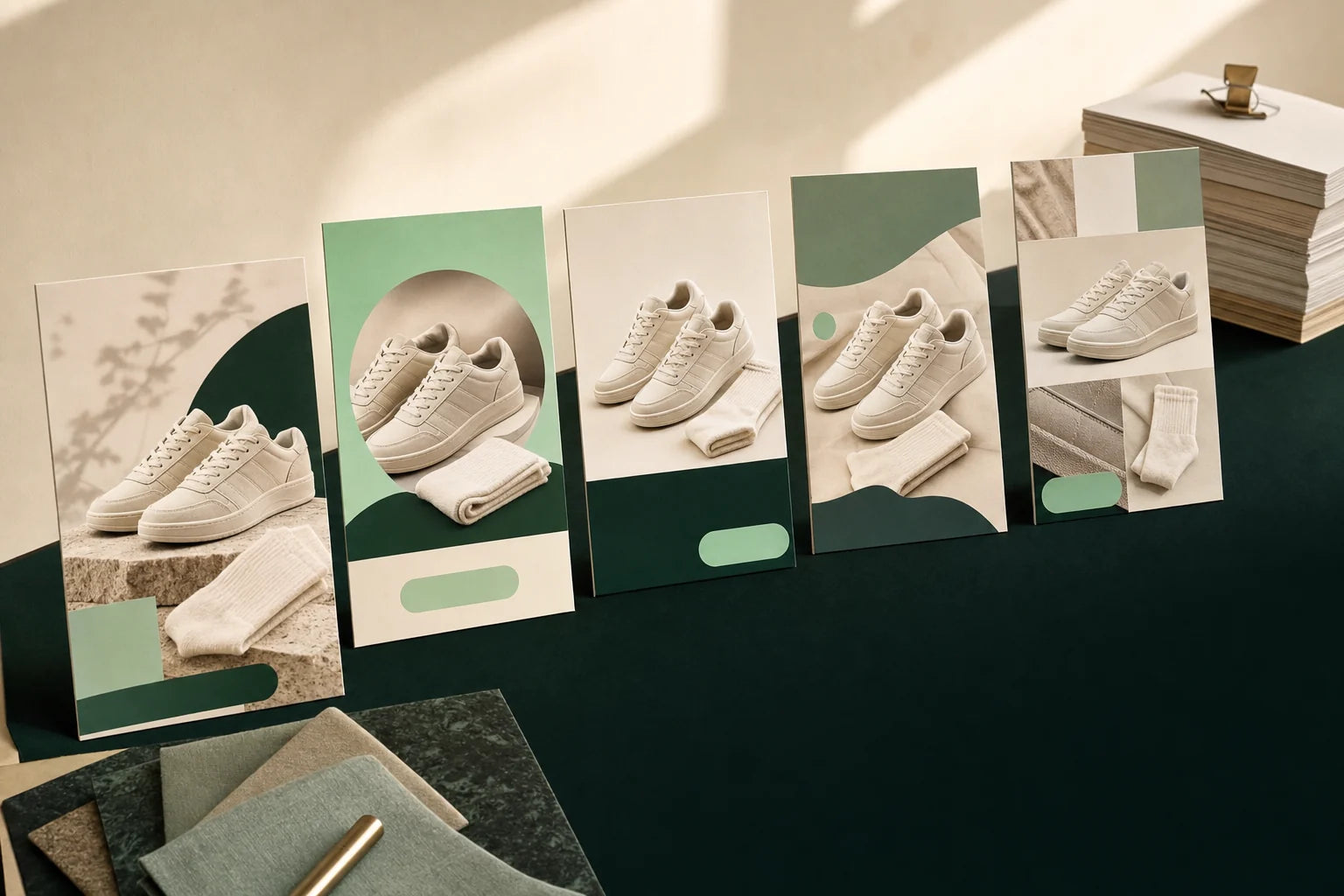 Five physical campaign artboards show different creative treatments for the same ivory sneaker and sock bundle.